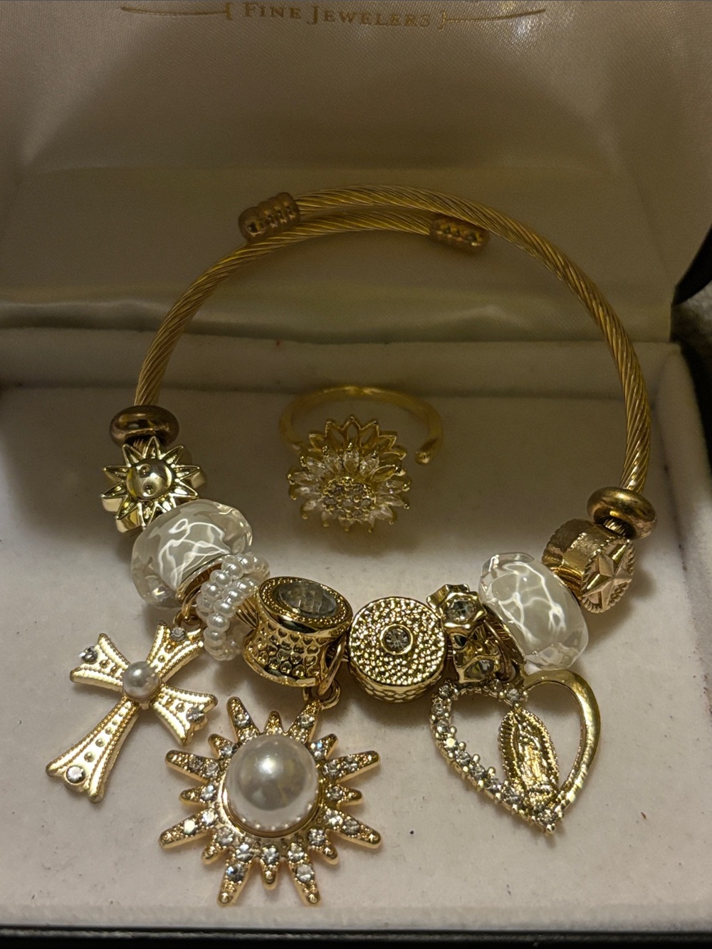 Gold-Tone Sun & Heart Charm Bracelet with Pearl Accents